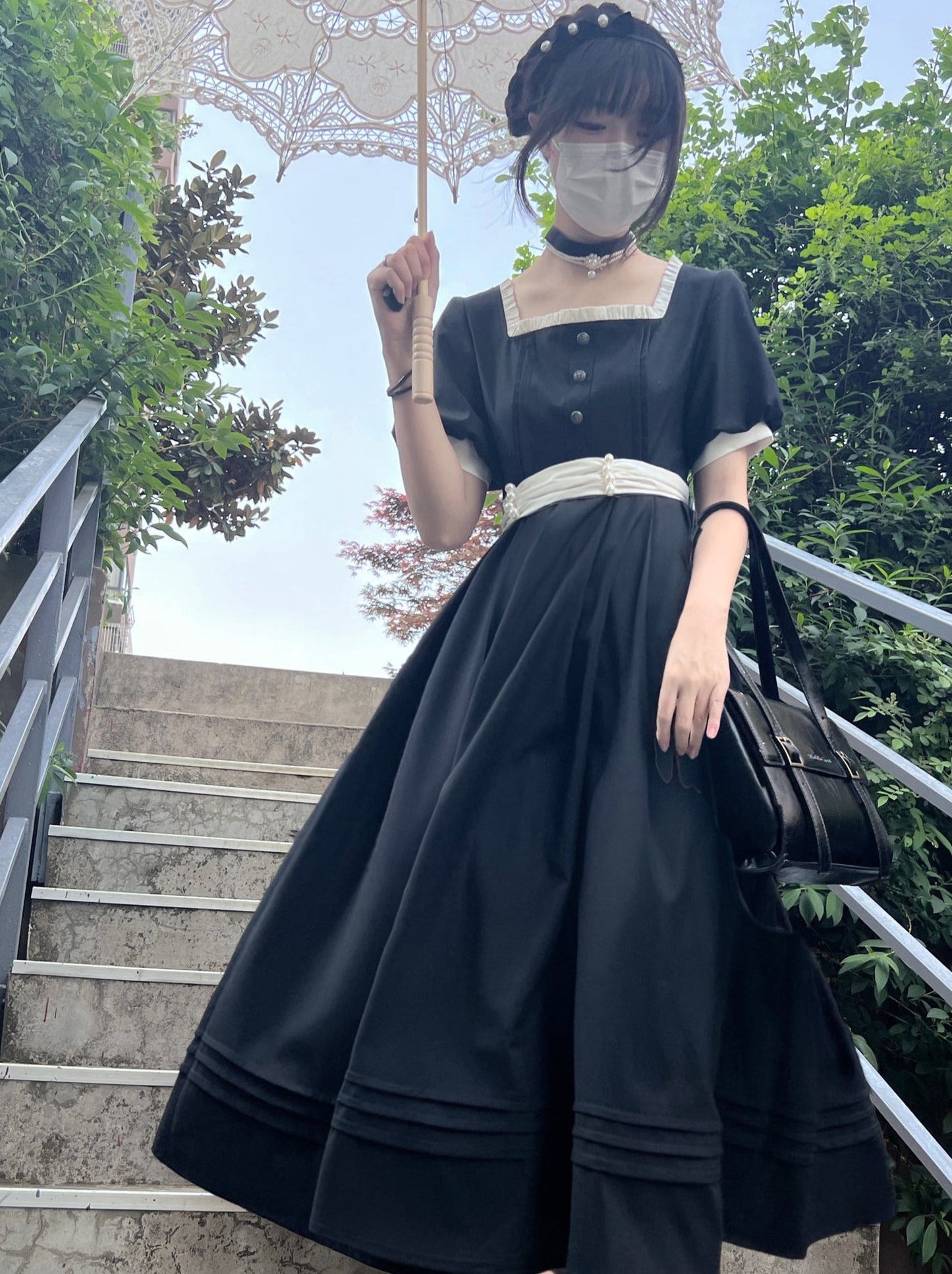 スクエアブラックパールウエストネックレスフレンチカラードレスブラックリボンキャットスーツレトロ