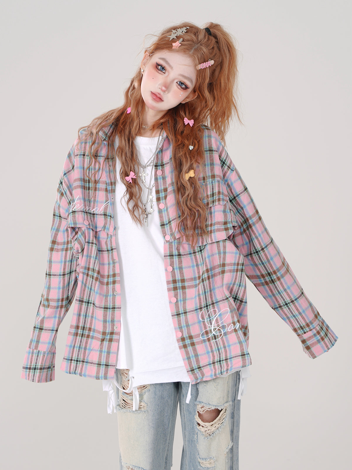 Poloshirt mit Karo-Kragen und langem, abnehmbarem, lockerem