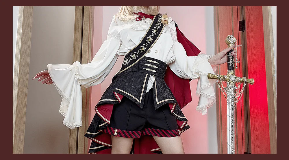 Burgundy Crusader Cross outfit with cape, sash and train
