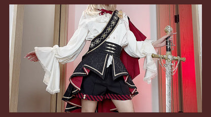 Burgundy Crusader Cross outfit with cape, sash and train