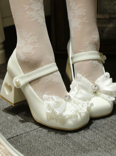 エレガントなフレンチスクエアレースリボンシューズヒールトゥロリータラブ
