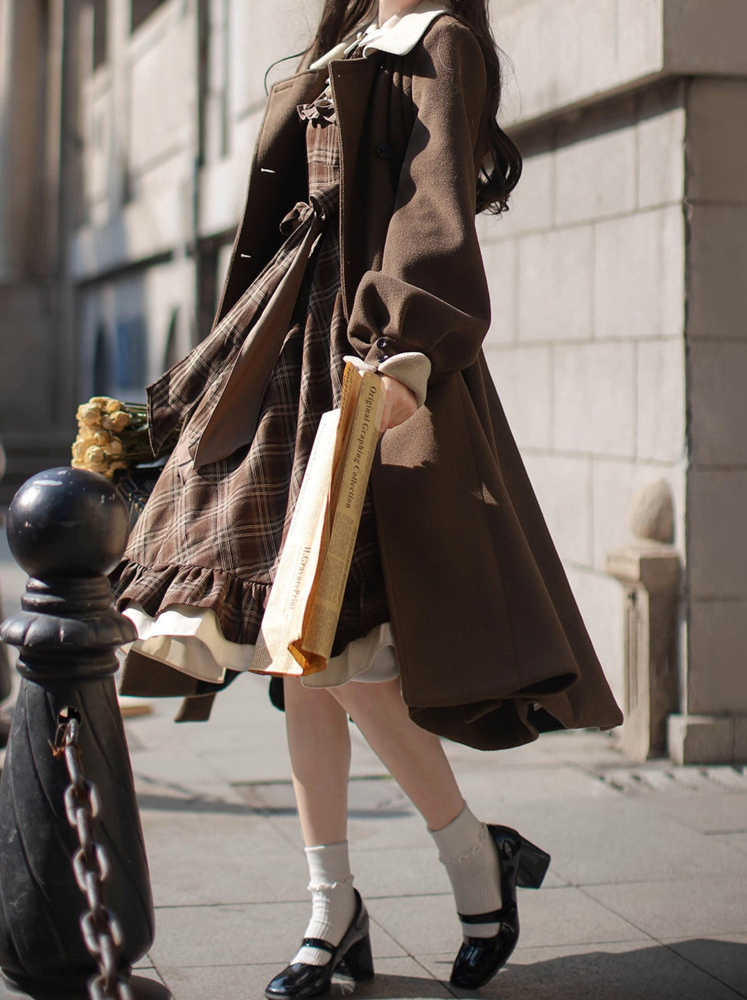 Sleeveless Coat Belt  Ribbon Classic Layered Accessory Dress Brown Check Retro Pearl Volume