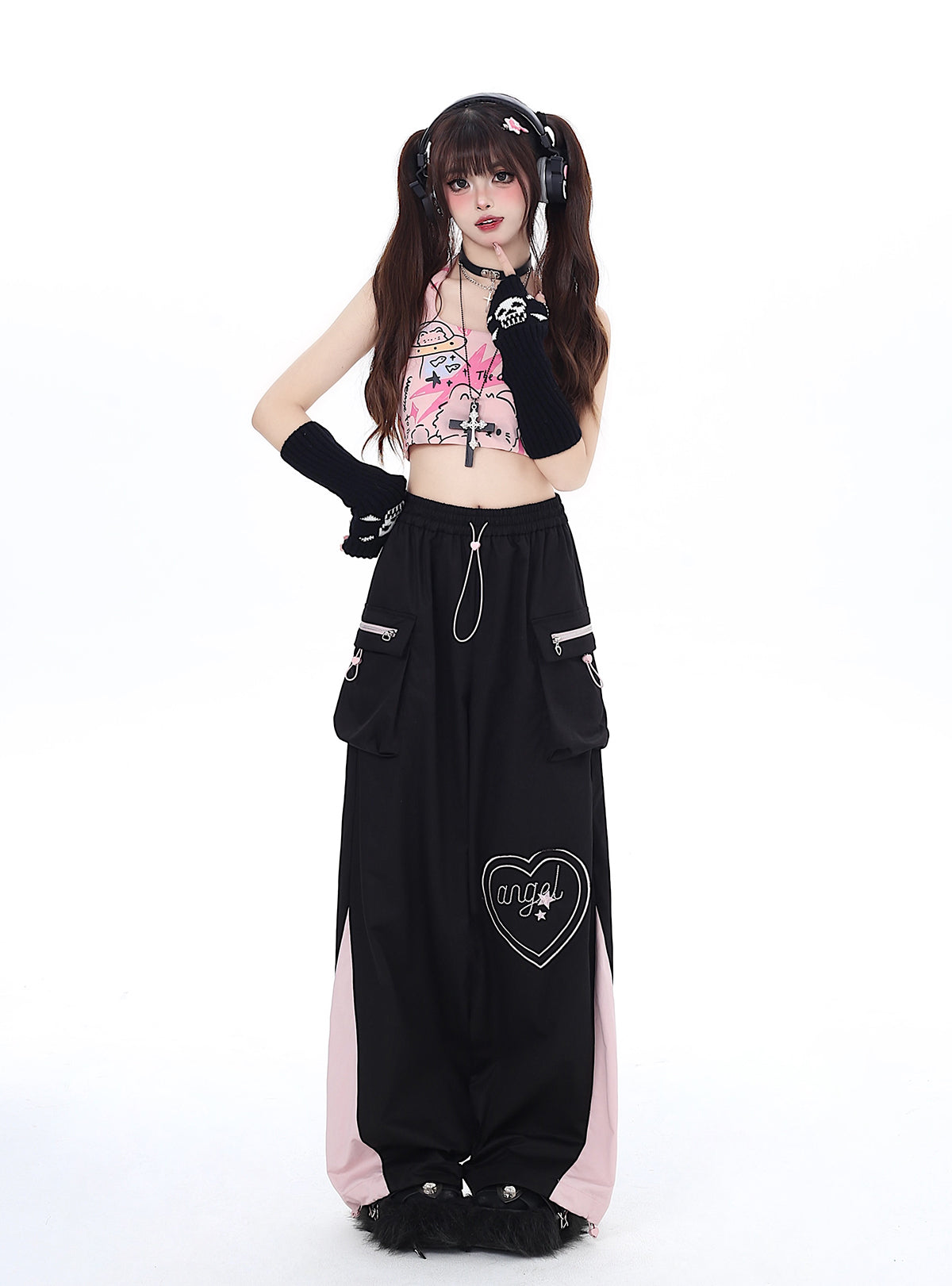 Drawstring Contrast Love Pants Color Cargo