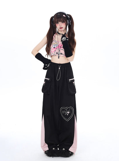 Drawstring Contrast Love Pants Color Cargo