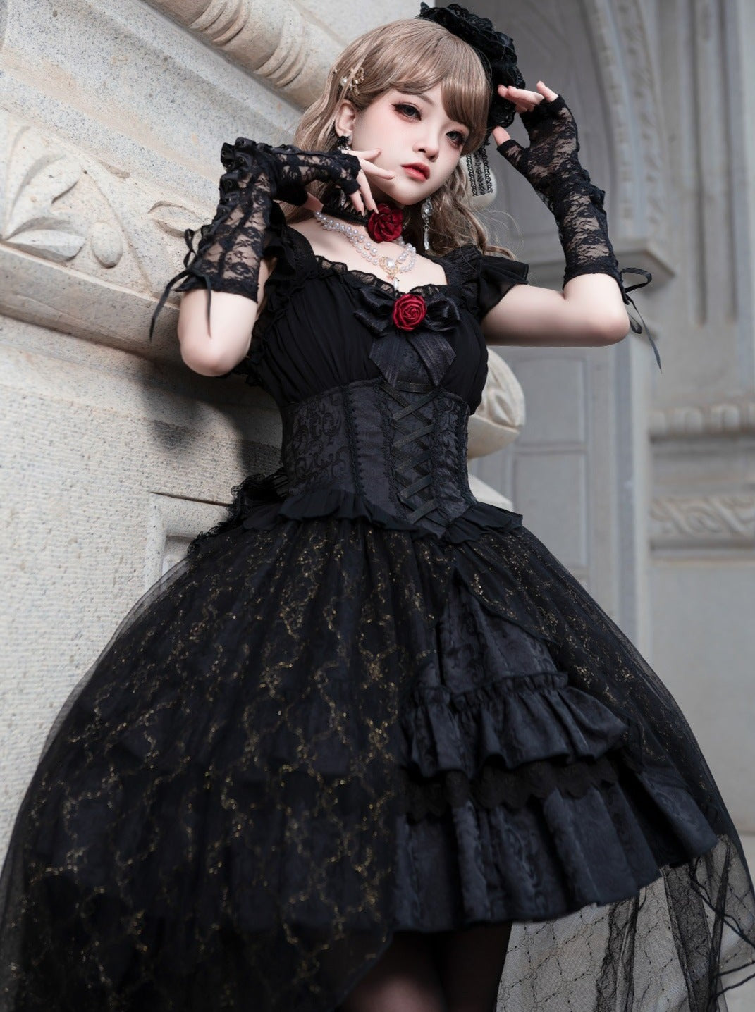 Rose Dress Black Flared Gothic Lolita