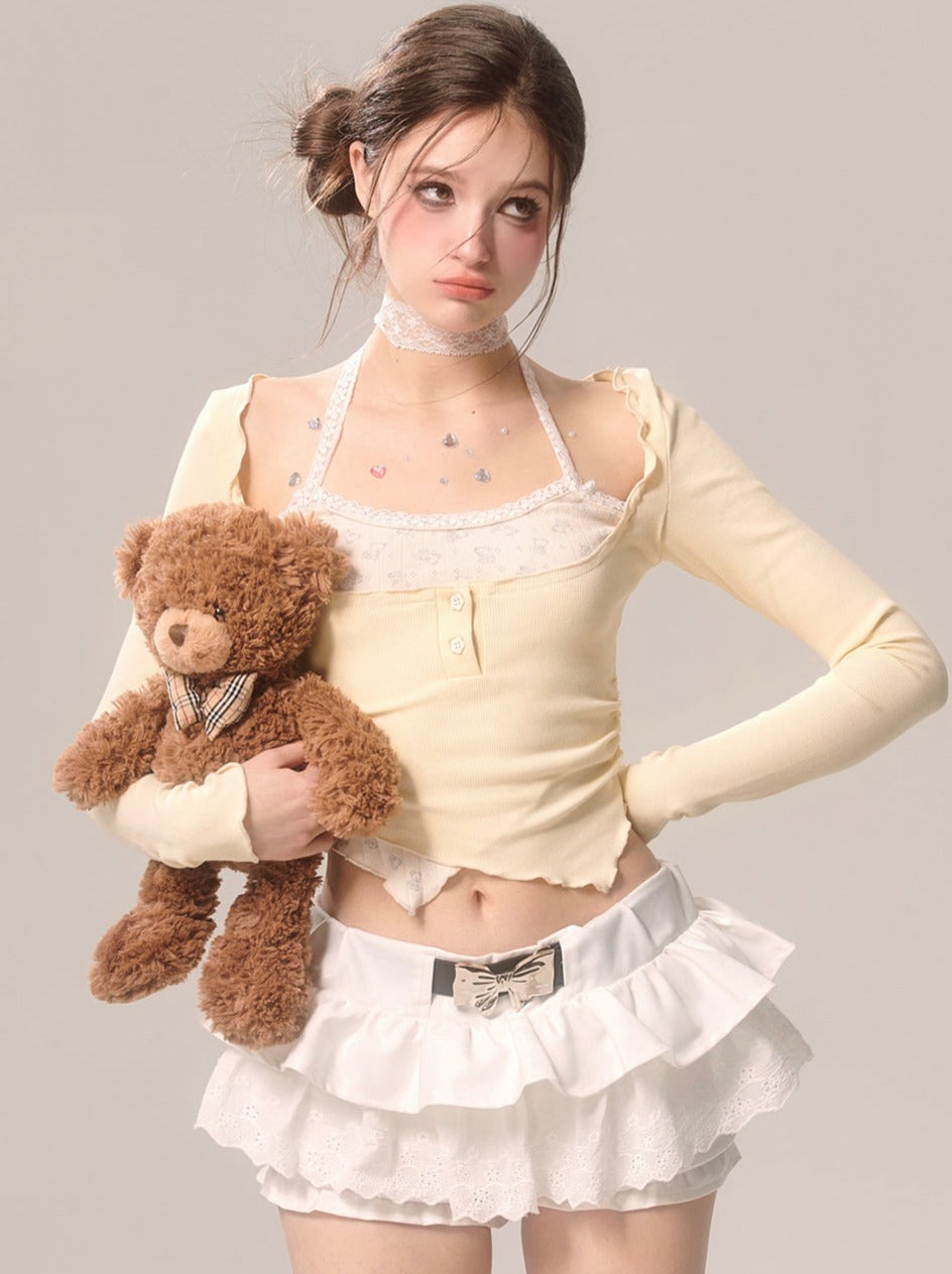 ミルキーフェイクピースクリームアイホルターツートップネックイエロー