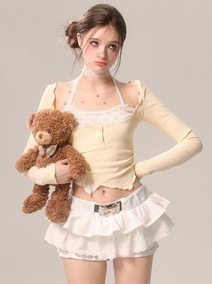 パールリボンスカート ホワイトフレンチパンツ レースフレア ホワイトアイ