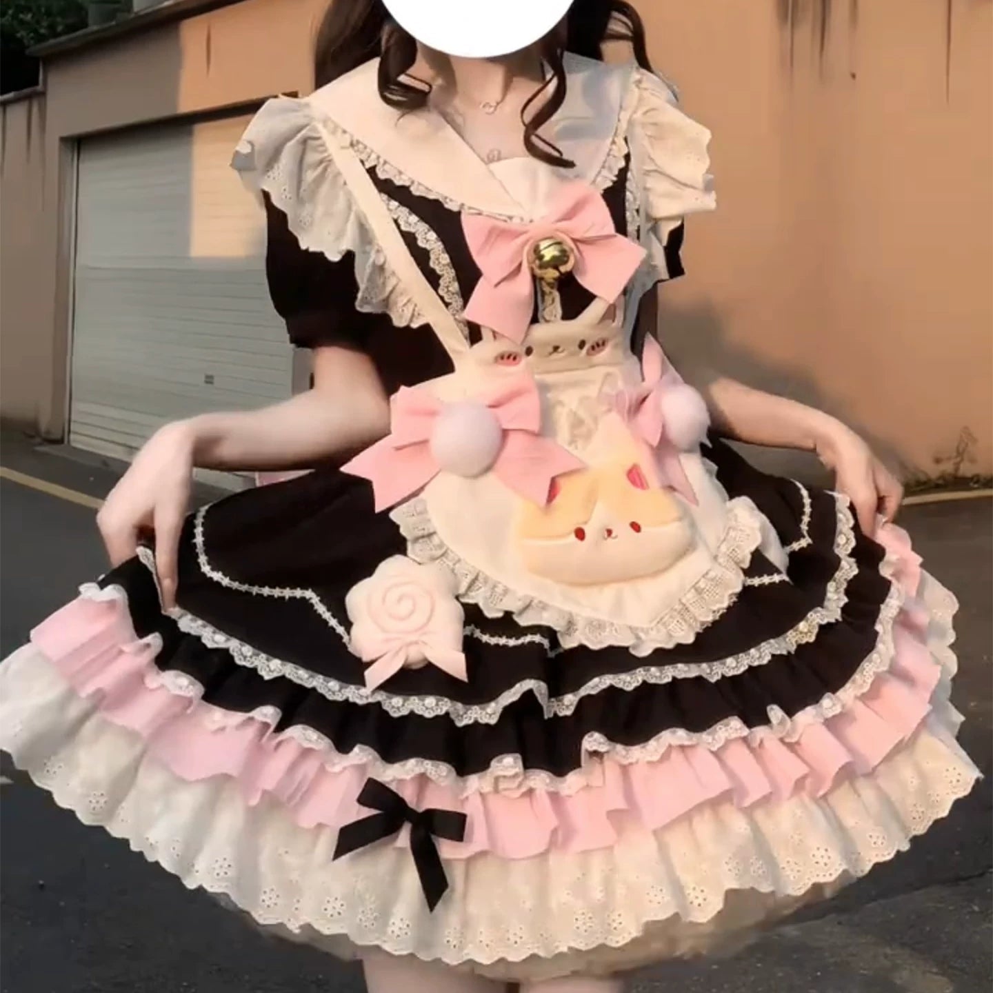 Black Pink Maid Lolita Princess Dress | Doll-Style Ruffle Skirt