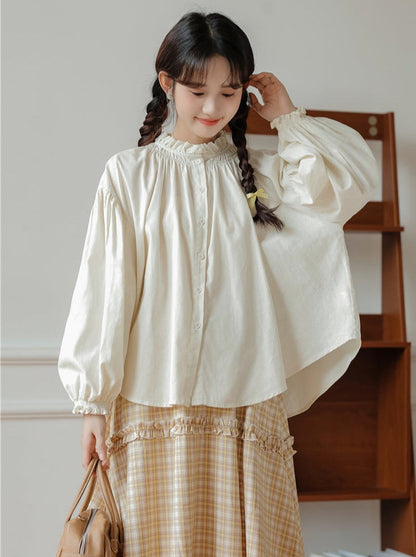 シャツネックハイリネンランタンスリーブ