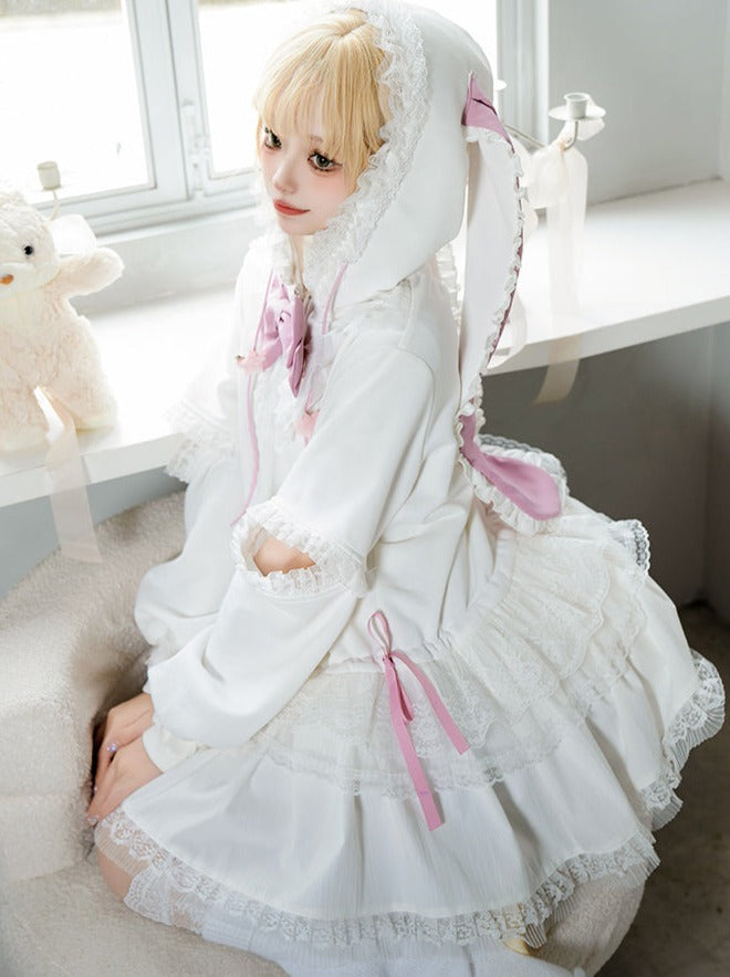Bow Frilled Big Hooded Girly Long Bunny Dress Ears