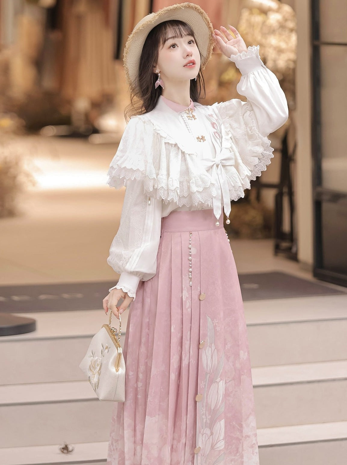 Bluse Plissee Schal Band Rock China + Süße Spitze Blumen