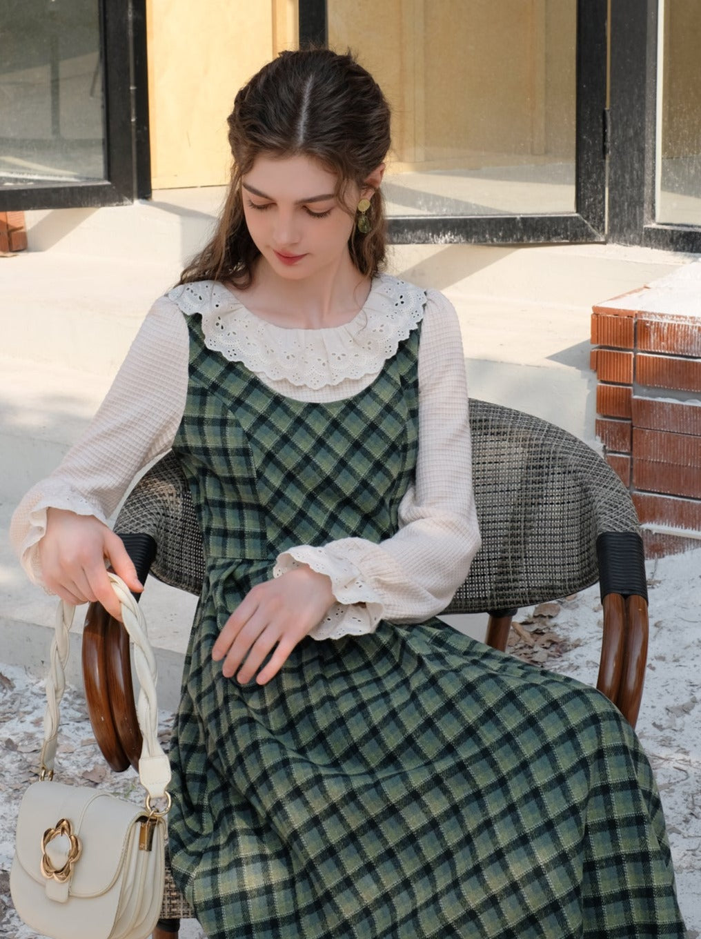 カラースカート レトロ サスペンダー グリーン チェック フリル ブラウス レース