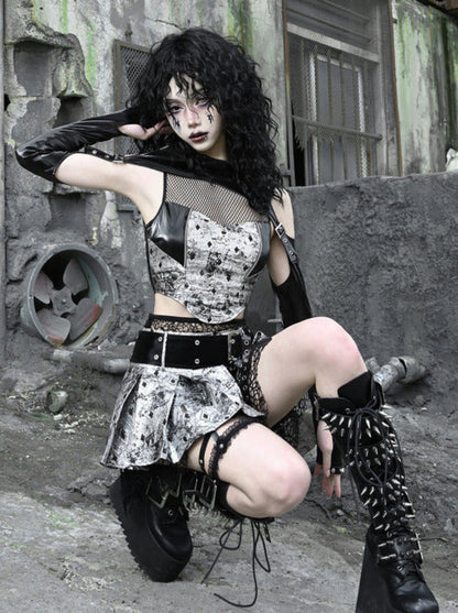 Culottes Liquid Pleated Fishnet Punk Goth Invasion Miniskirt PU