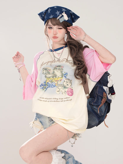 Loose Raglan T-Shirt Print Cat Cute
