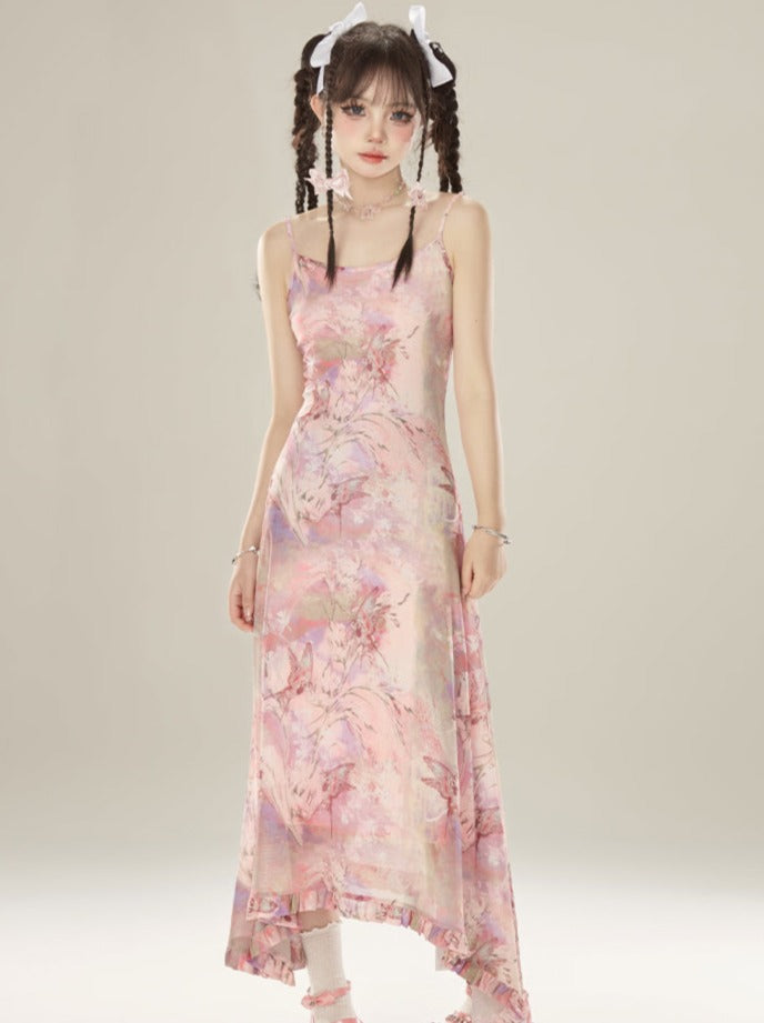 スイートピンクのサマーサスペンダードレス