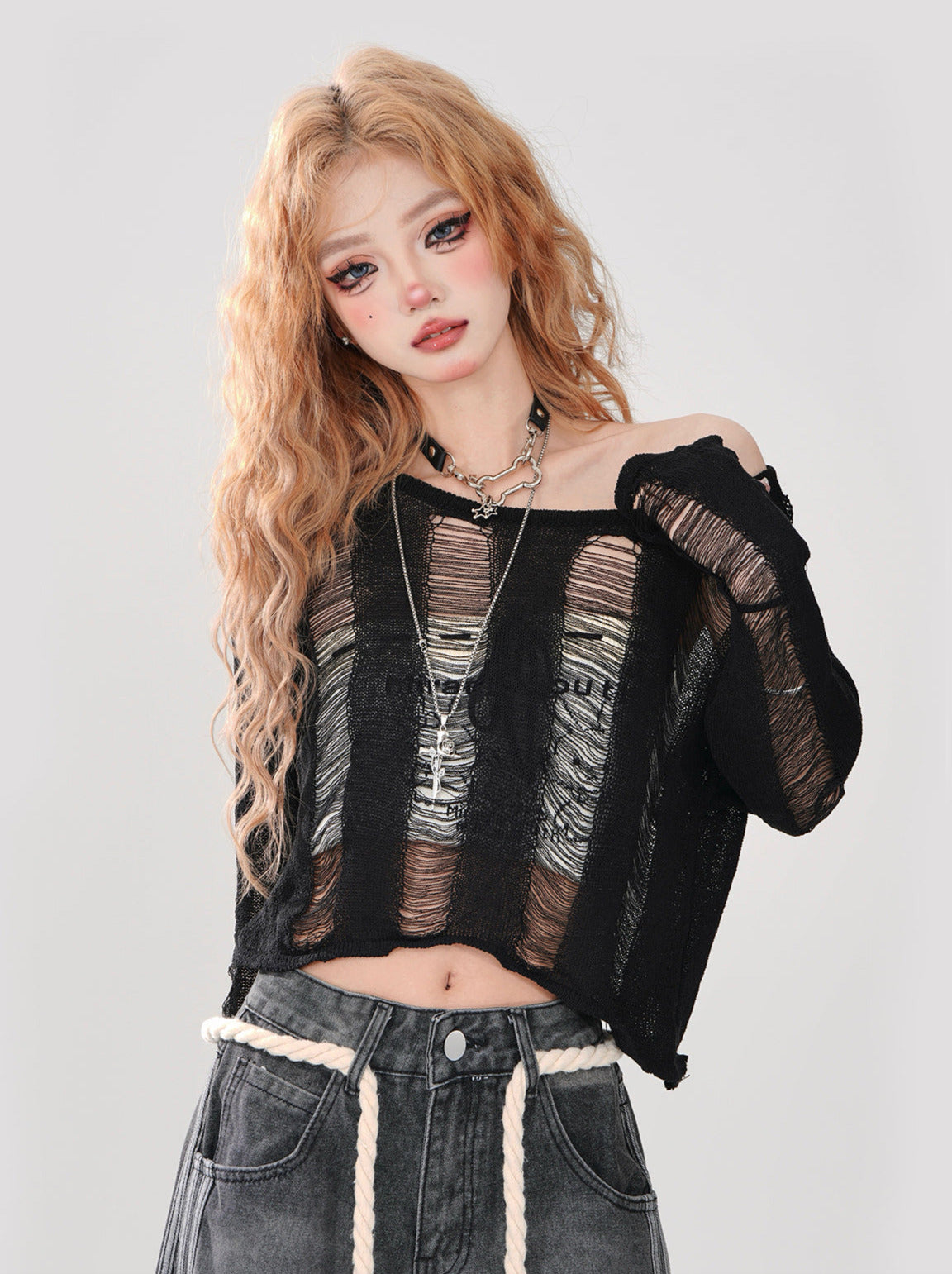 Kurzes Top zerrissen + gestrickt Off-Shoulder Schnürtop Rückenschlauch