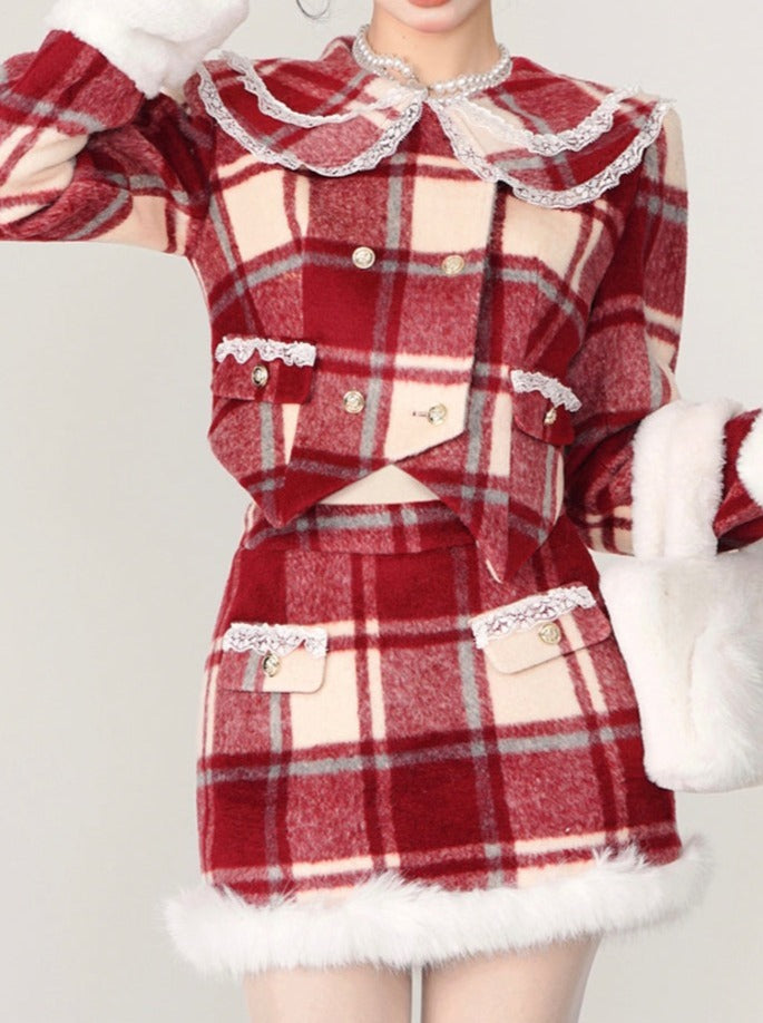 Retro-Jacke mit französischem Spitzenkragen und Karomuster + Doppelrock mit Pelzkaro