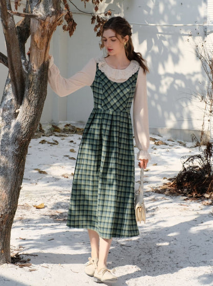 カラースカート レトロ サスペンダー グリーン チェック フリル ブラウス レース