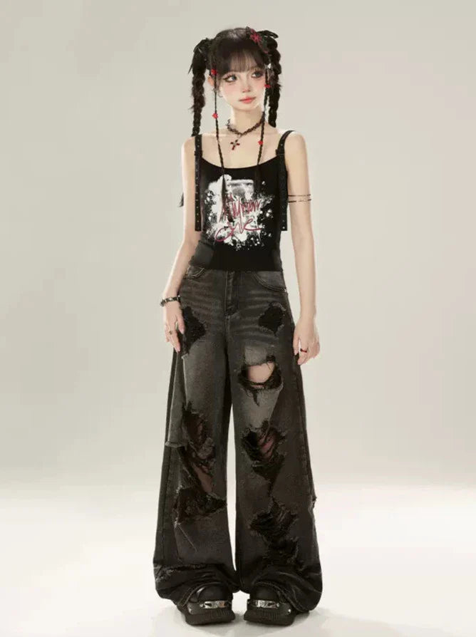 黒プリントキャミソール文字グラフィティ