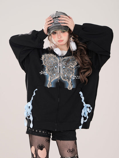 Sweatshirt Zip Butterfly Street Loose Hoodie American Jacket