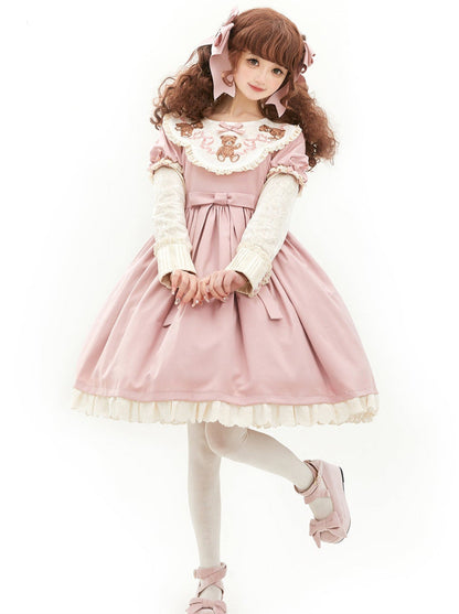 ロリータテディベアフラップレースパフスリーブリボンデレス