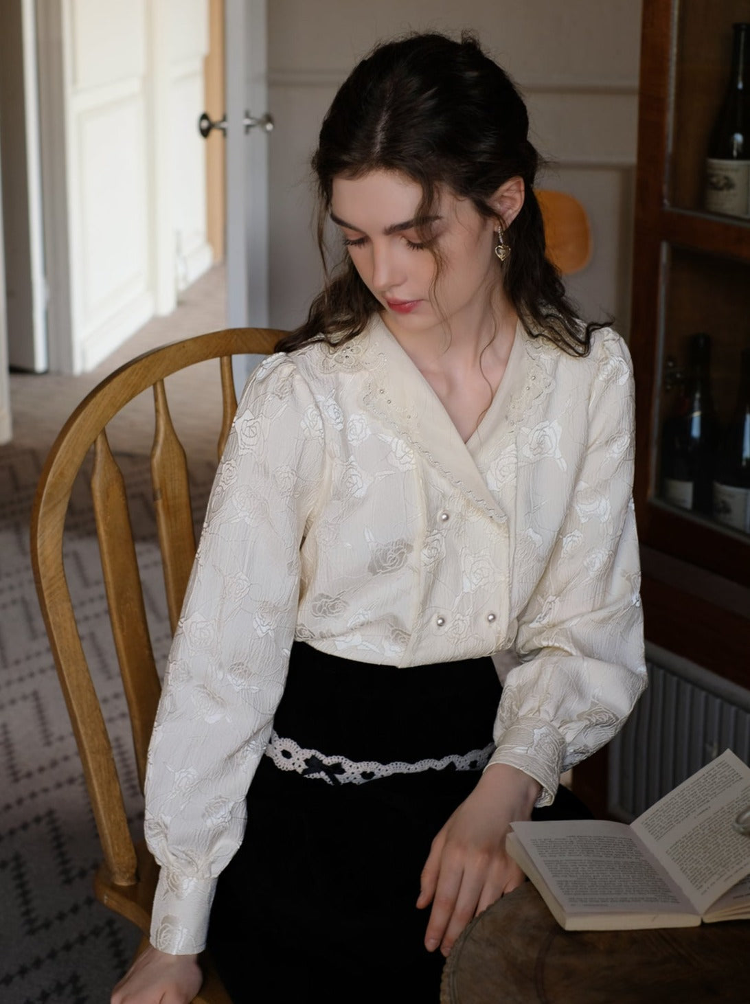 Jacquard Blumen Bluse Rock Hosenträger