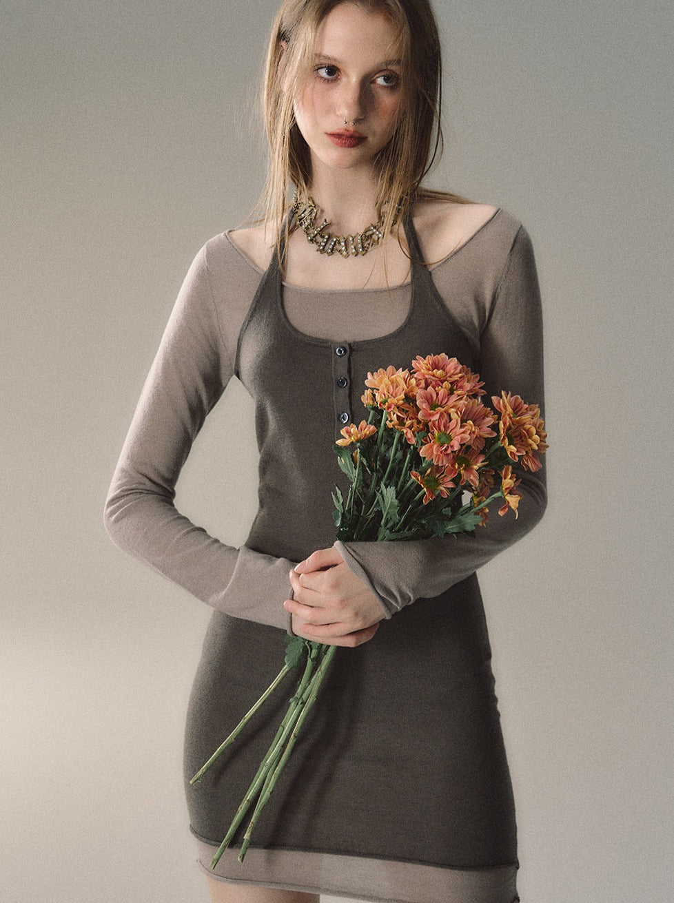 Holter Neck Faux Two Piece Wool Sweater Dress