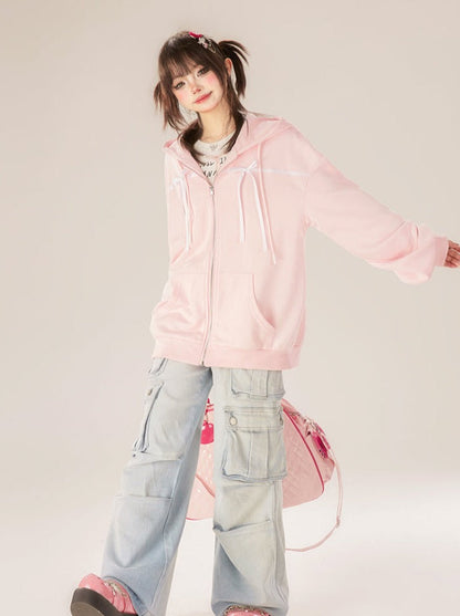 Zip-Up Ribbon Sweet Hoodie Pink Hooded