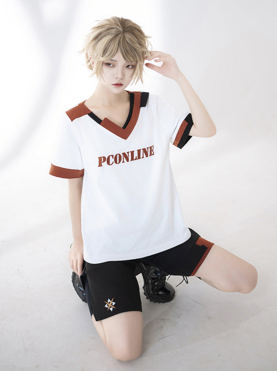 Shorts T-Shirt White Embroidery Summer V-Neck