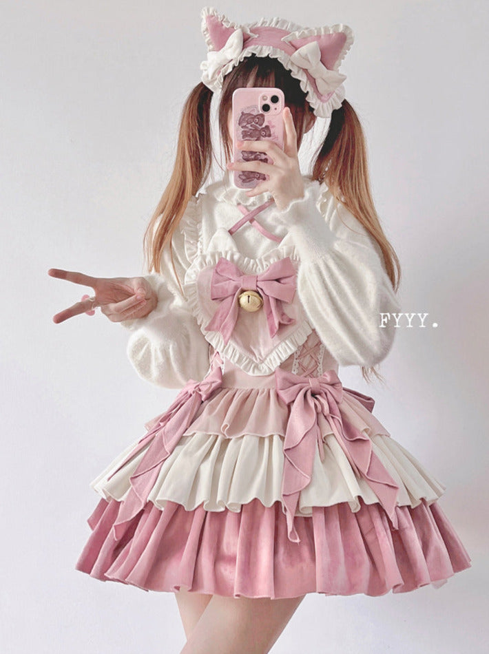 サスペンダードレスセット 耳付きベルベットテールヘアバンド フリル ふわふわ猫ハート