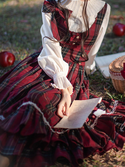 Shirt Little Red Tiered Pleated Dress Scarf Head Riding Ribbon Coat Hood Check Collar Cape