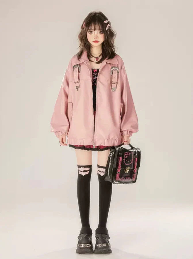Jacket Retro Pink Design Leather Buckle Zip