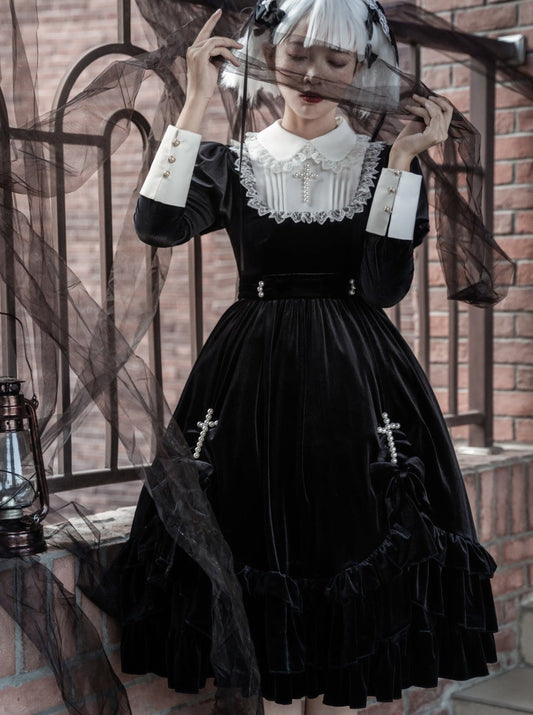 Gothic Maid Cross Kleid aus Samt Dark Lolita