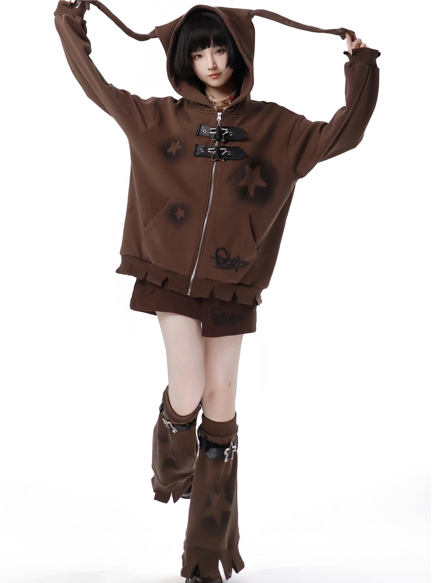 スターアメリカンプリント ルーズジップパーカー + イレギュラースカート + レッグウォーマー