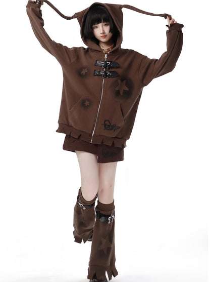 スターアメリカンプリント ルーズジップパーカー + イレギュラースカート + レッグウォーマー