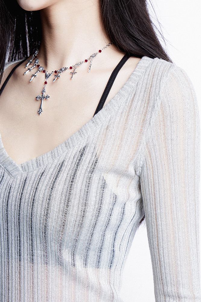 Knit Inner Bra Flash V-Neck Sweater + Stripe