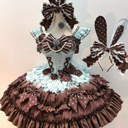 Mint chocolate ruffle dress with floral bows and bunny-ear headpiece