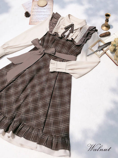 Sleeveless Coat Belt  Ribbon Classic Layered Accessory Dress Brown Check Retro Pearl Volume