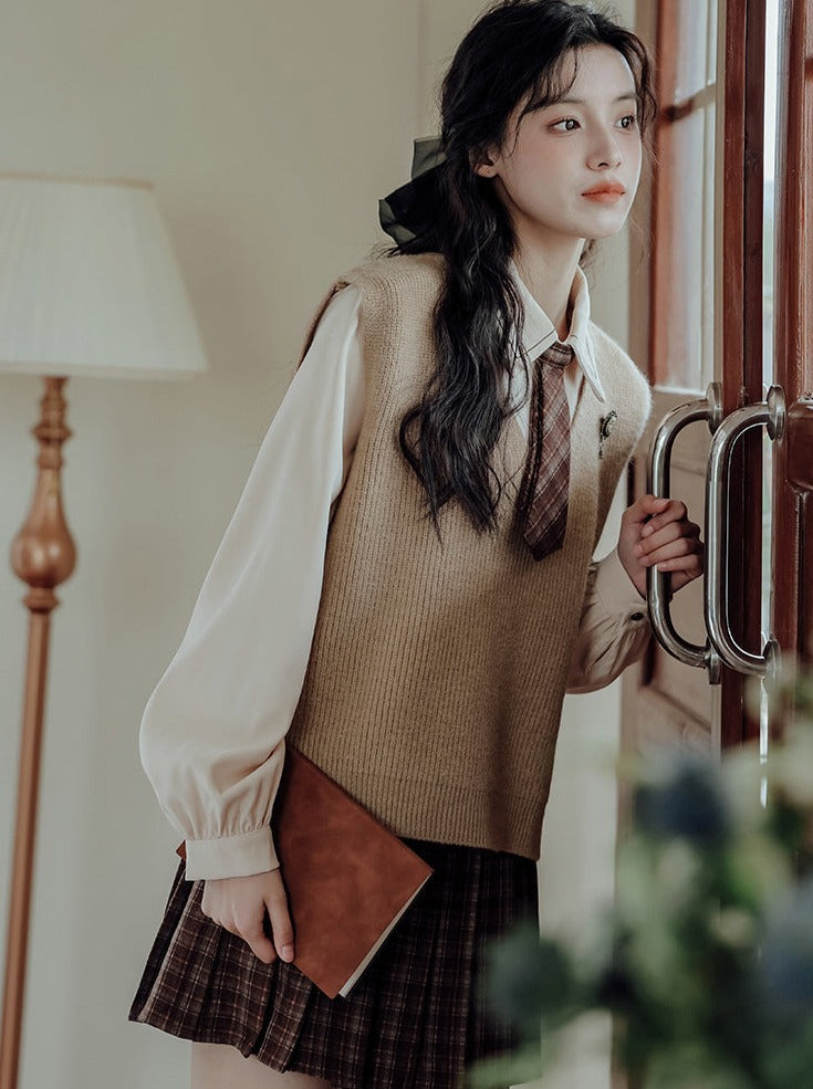 Vest College Skirt Colored Checked Knit Retro Shirt