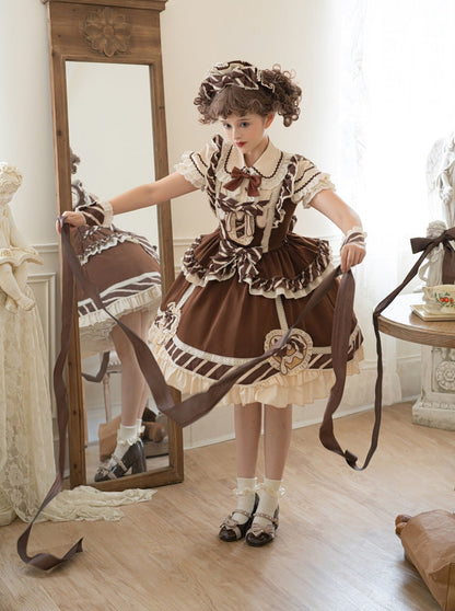 Süße Rüsche + Blusenrock Armwärmer Schokolade + Spitzenband Catsuit + Short Lolita