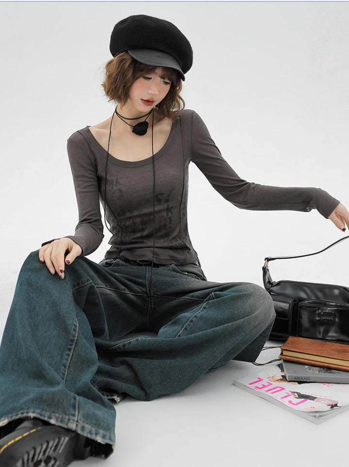 American Slim Retro Long Letter Grey T