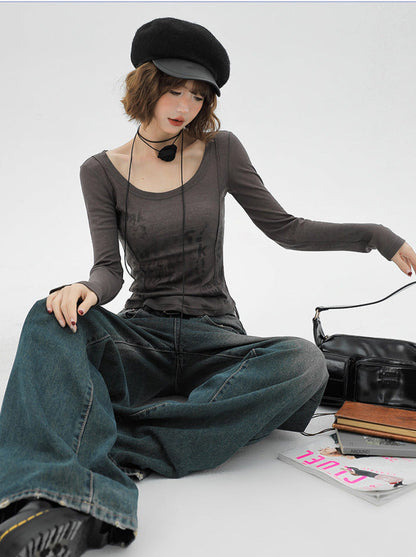 American Slim Retro Long Letter Grey T