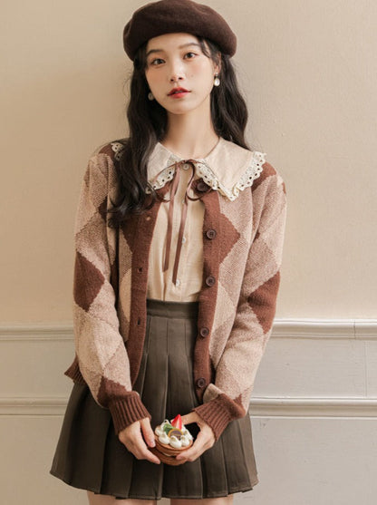 Argyle Rock Plissee Strick Braun Cardigan Retro