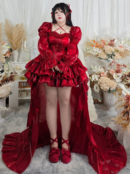 Plus Size Burgundy Satin Ball Rose Gown with Long Train Shiny Formal Dress