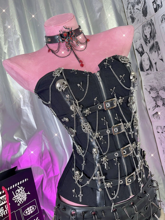 Y2K Punk Gothic Slim Fit Leather Buckle Skull Cross Chain Tube Top