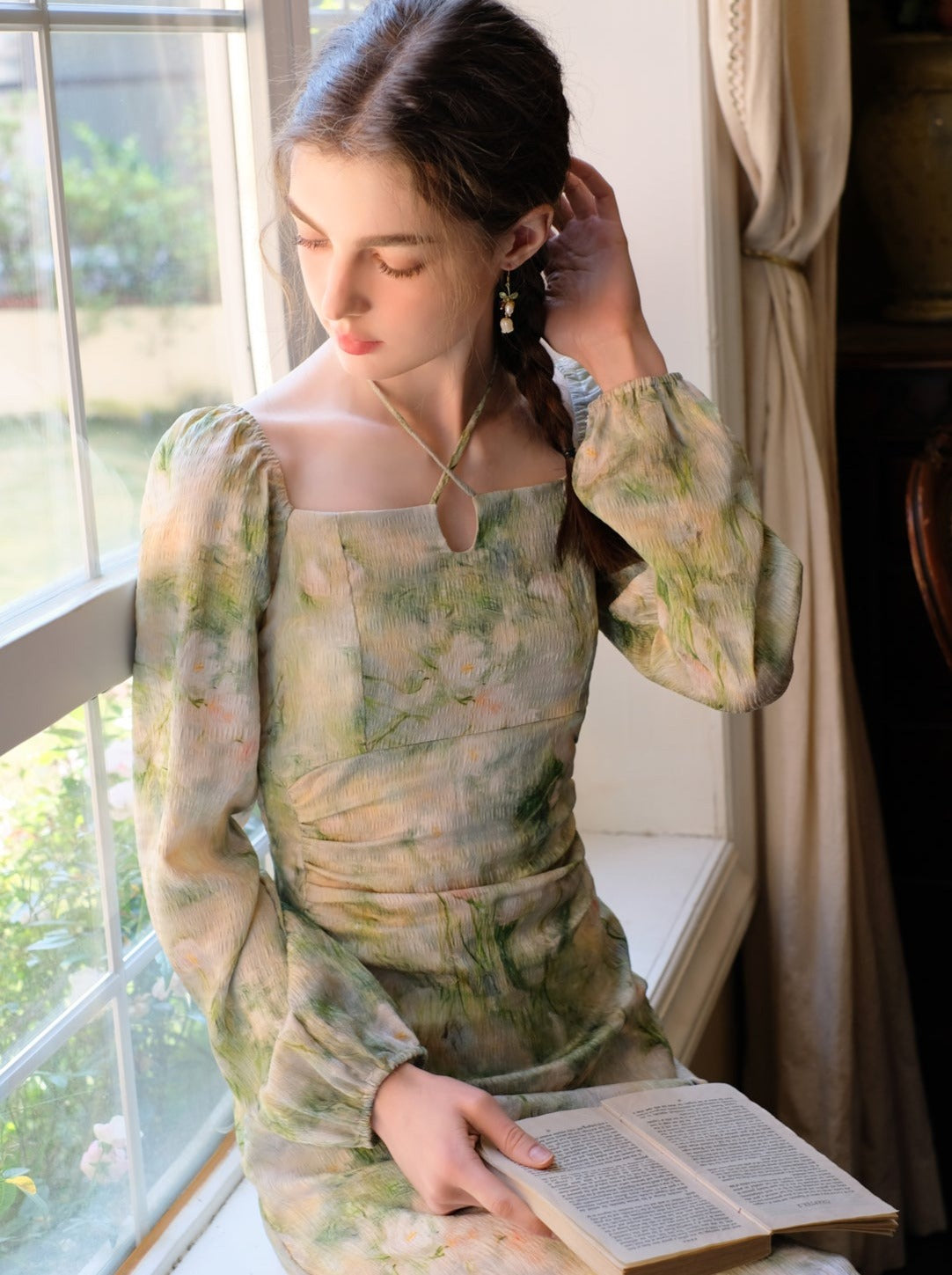 Elegant Neck Green Square Retro Dress