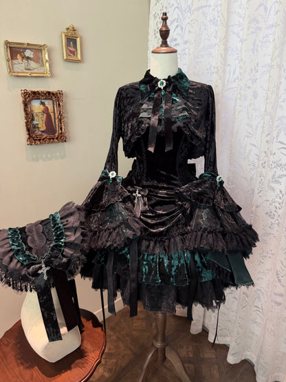 Sheer Ocean Dark Raven Poem green JSK and jacket on mannequin