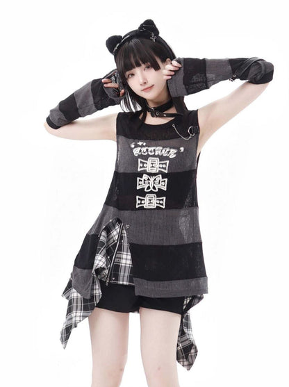 エポックチェックベストカバー + ストライプスカート + ノースリーブ + レッグリズムスリーブ