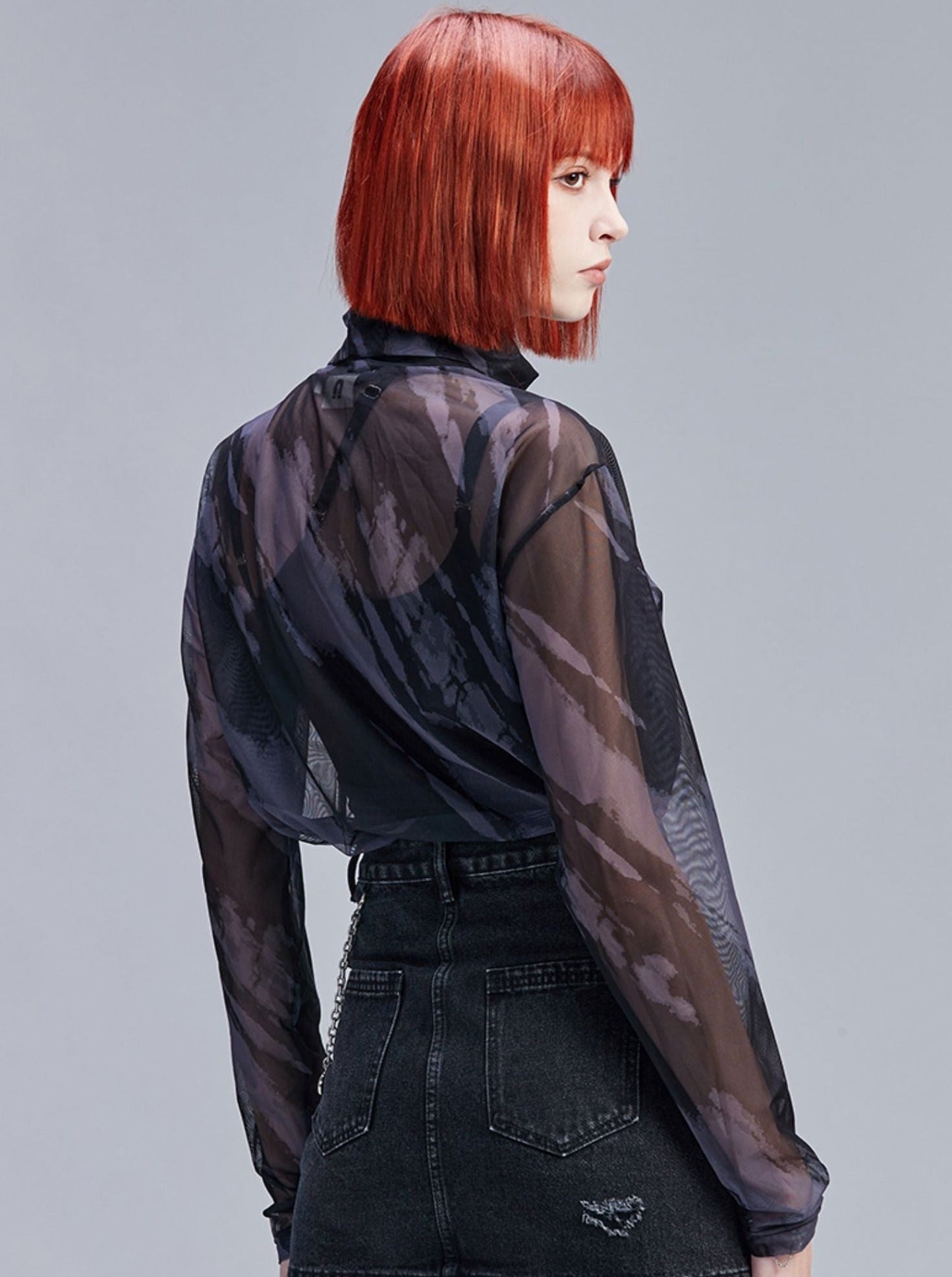 Slim Skin Mode Sheer Top Neck High Mesh