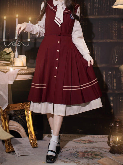 ドレス レトロ バッジ スーツ マジック + ストライプ + プリーツ ネクタイ + ネイビー シャツ カラー アカデミー